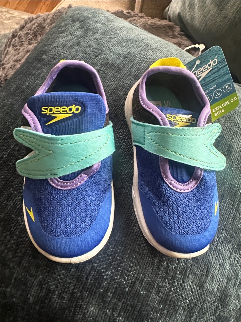 Speedo Kids Royal Blue Water Shoes with Mint Straps and Purple Trim